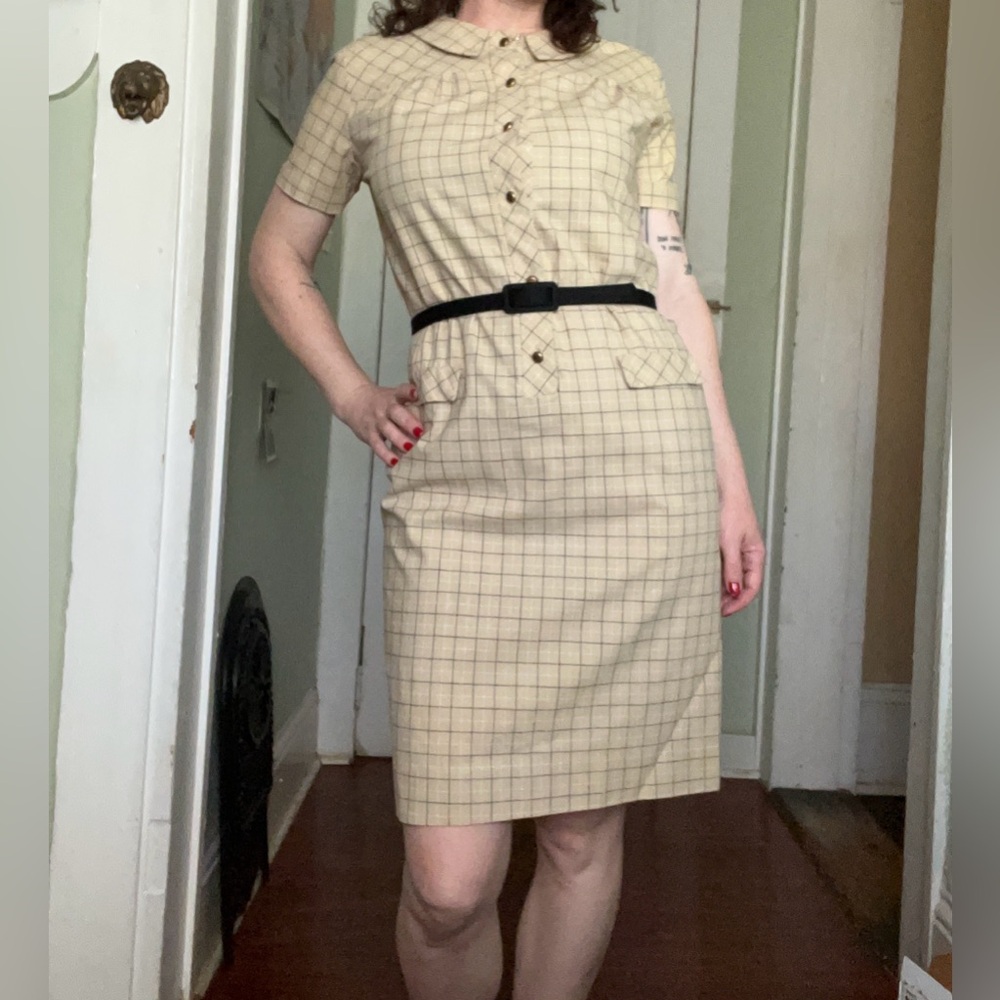 Vintage Tan Plaid Dress 1940s Small